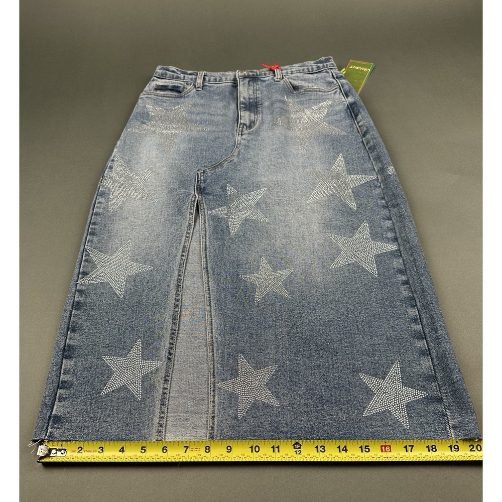 Vibrant VBRT Boot Barn Metallic Stars Rhinestone Denim Jean Women's M Skirt NEW - Picture 5 of 16